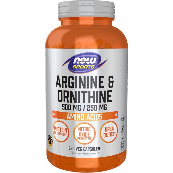 Arginine ornithine veggie capsules close up supplement container image